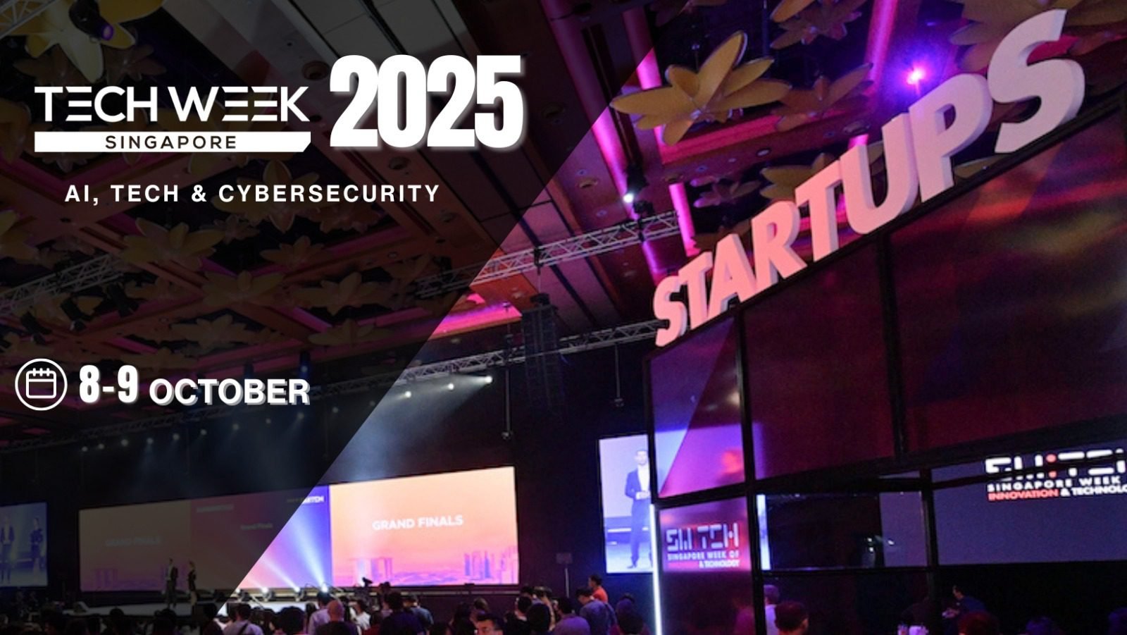 Promotional image for Tech Week Singapore featuring themes of AI surveillance and cybersecurity. The event brings together experts on CCTV cameras, remote CCTV monitoring, and the latest Singapore security solutions including CCTV monitoring services and 24/7 CCTV monitoring.