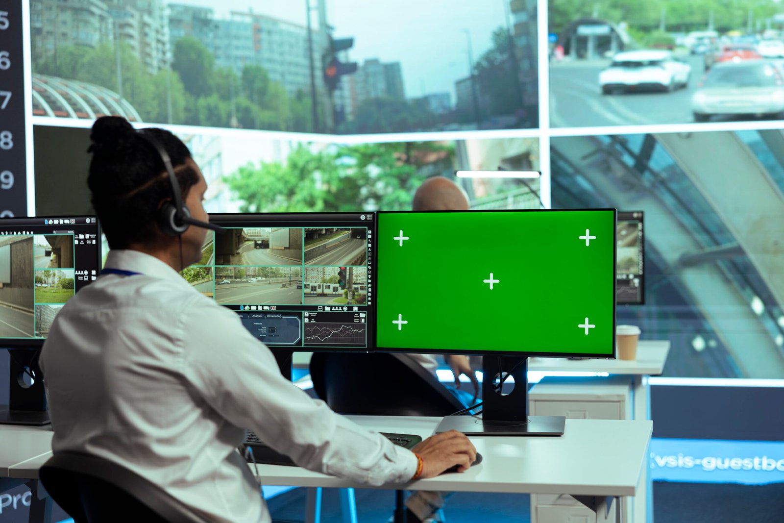 A security operator wearing a headset, monitoring multiple screens with live camera feeds and one green screen, symbolizing advanced CCTV Monitoring in Singapore and specialized CCTV Monitoring Services.