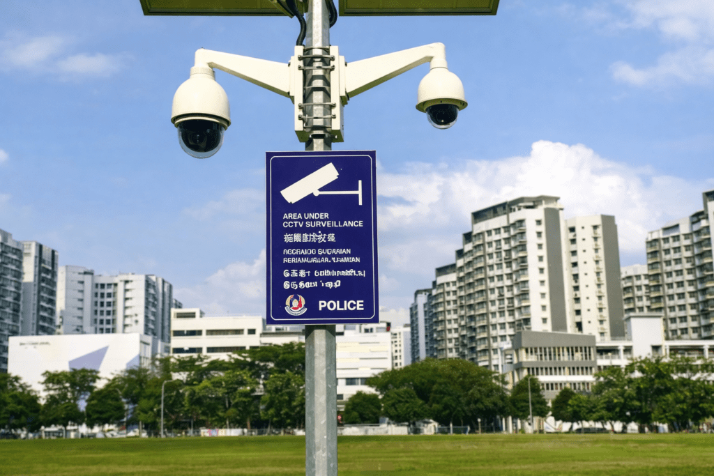 A surveillance pole with multiple cameras and a police sign in a Singapore residential area, illustrating the infrastructure used alongside a virtual doorman for condo security Singapore