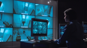 Virtual guard services monitoring center in Singapore with security professional watching multiple CCTV camera feeds on screens