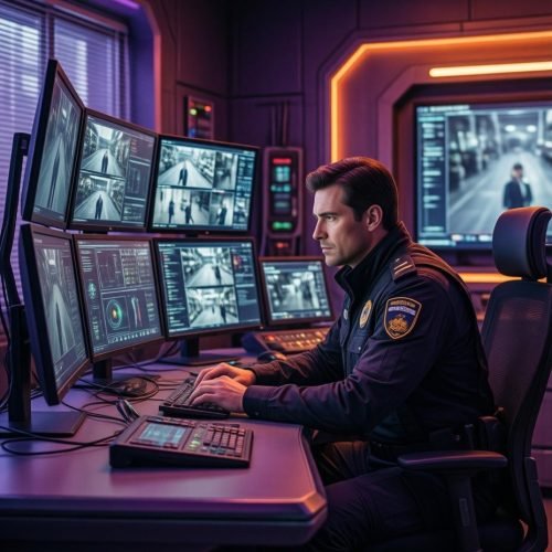 Modern glass building entrance featuring sleek virtual doorman kiosks for secure visitor entry and package management.